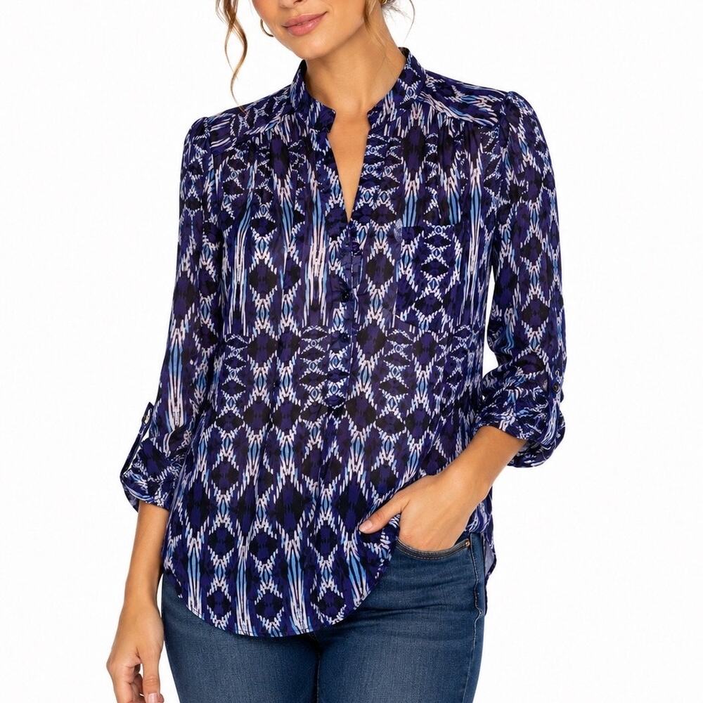 L Dots Sheer Navy Blue Ikat Boho Side Split Flowy All Over Print Blouse Top